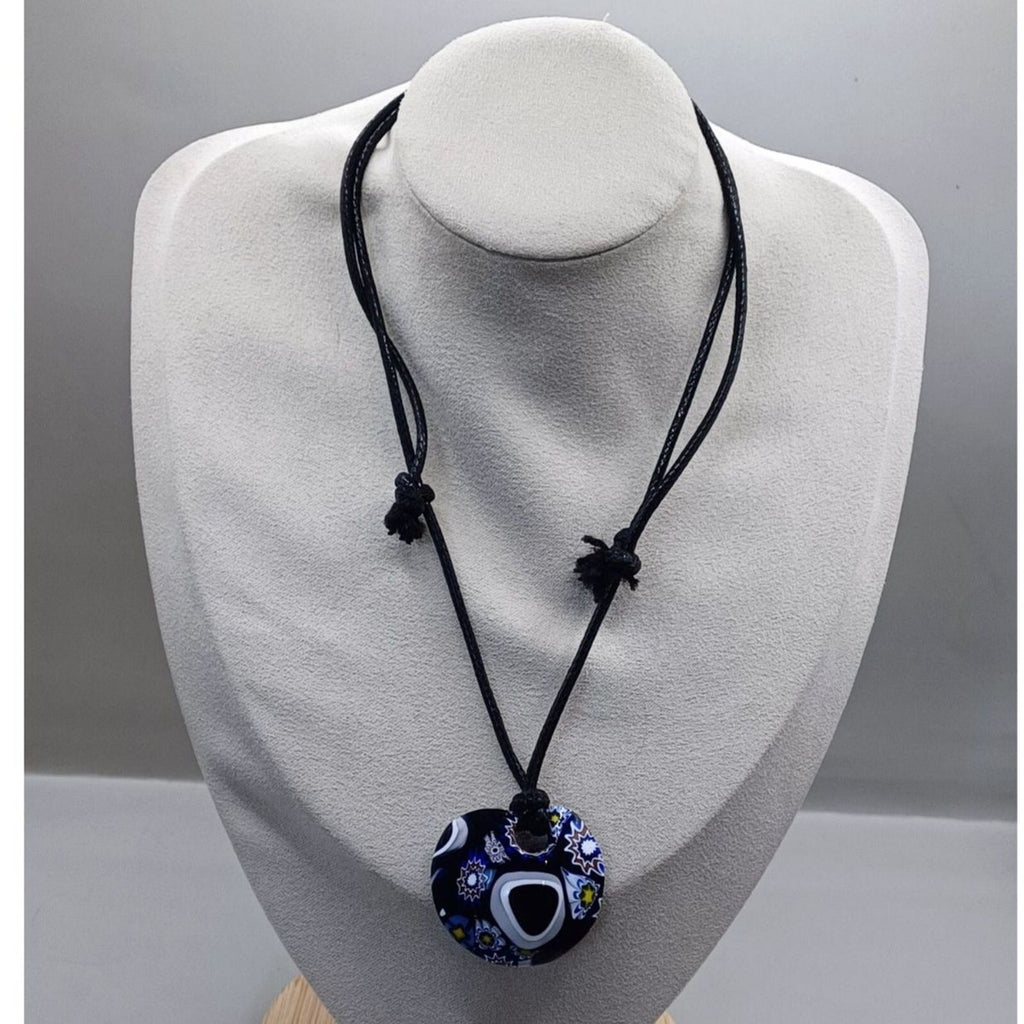 Vintage Murano Pretty Round Pendant Necklace, Navy Blue, Lavender Millefiori