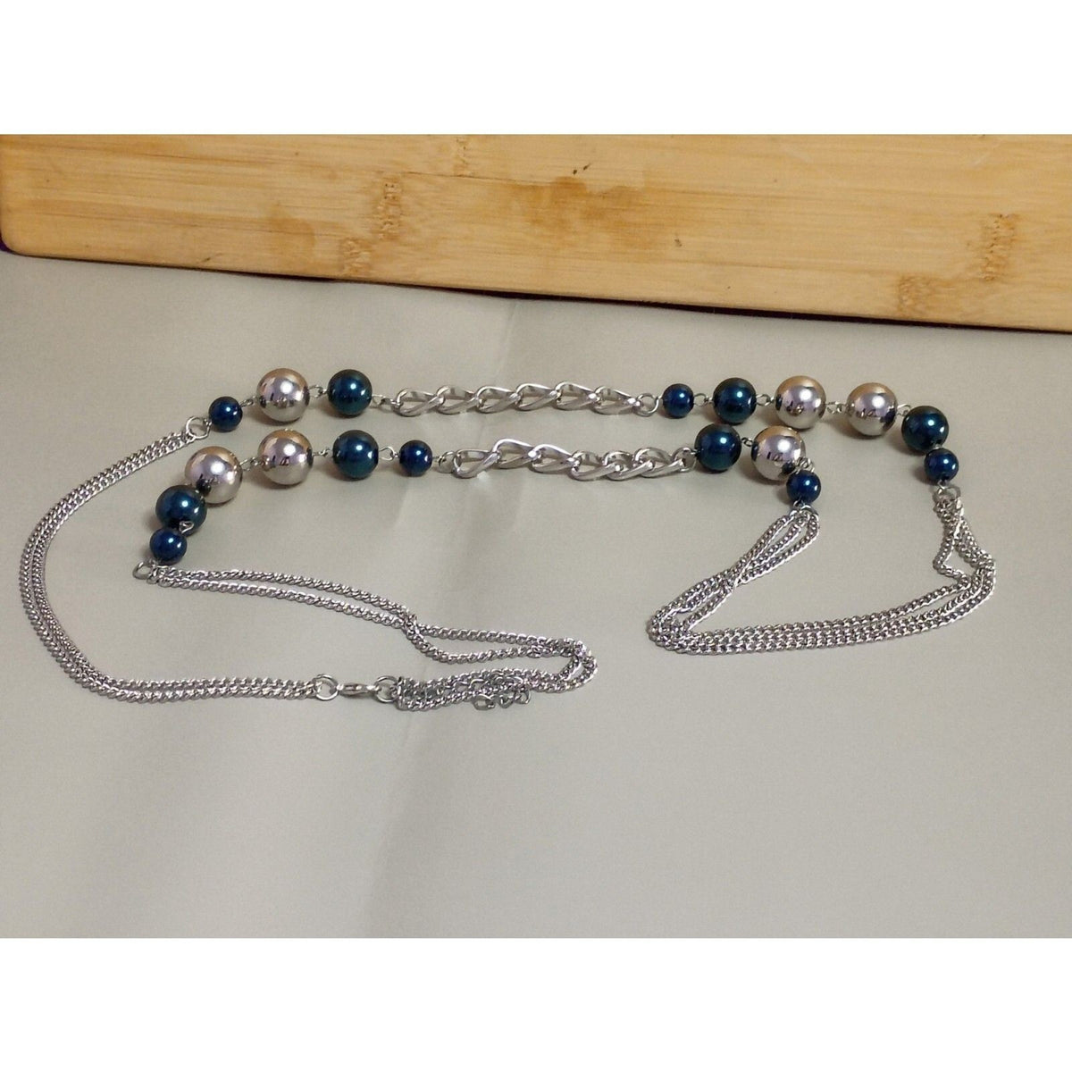 Vintage Rope Chain Necklace Deep Blue Turquoise & Silver Tone Beads
