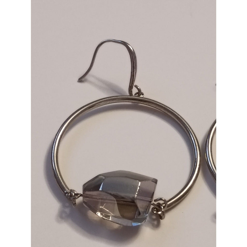 Vintage Classic Large Smoky Crystal Silver Toned Swing Hoop Earrings