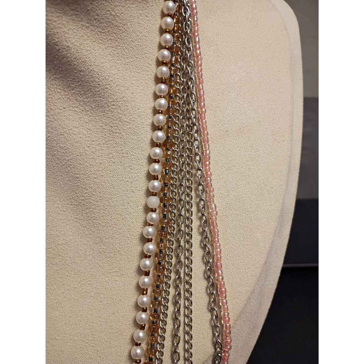 Vintage Mixed Media Multi Strand Necklace Embellished with Beads and Faux Pearls