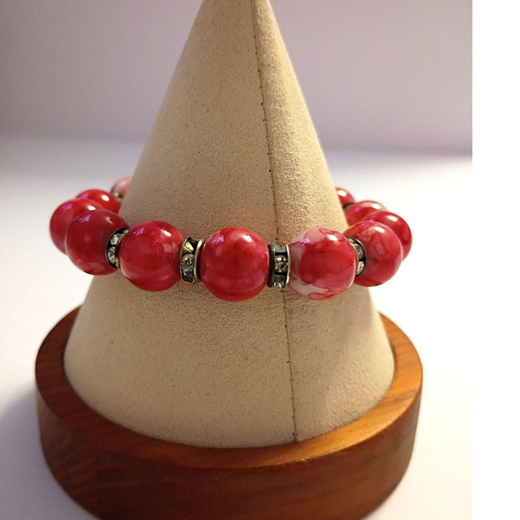 Beautiful Fire Red Glass Beaded Bracelet with Rhinestone Rondel Spacers Holidays