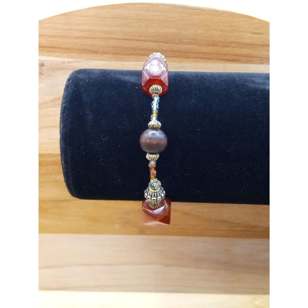 Vintage Asymmetrical Amber Lucite Beads w Round natural Wood Beads Bracelet