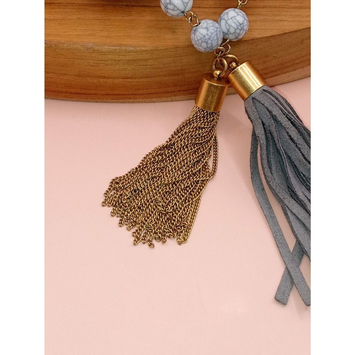 Vintage BaubleBar Marbled Acrylic Bead & Double Tassel Pendant Necklace