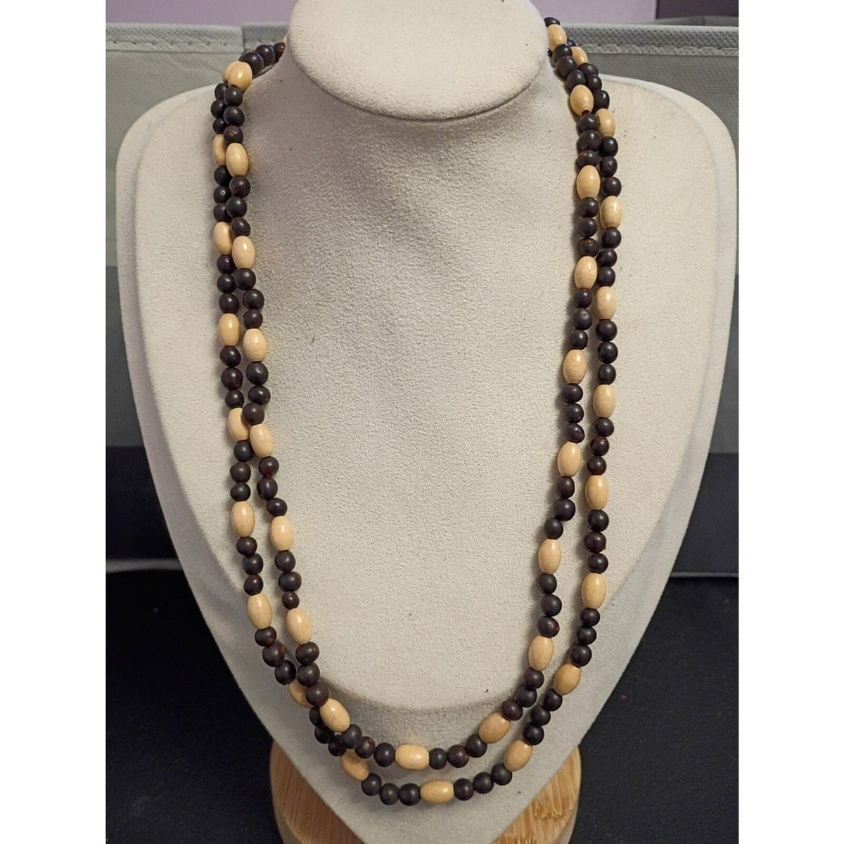 Vintage Wooden & Glass Seed Bead Strand Necklace 45 Inches