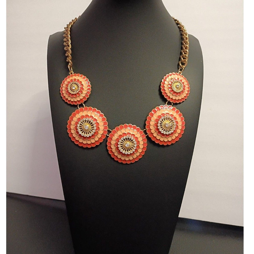 Vintage Orange Enamel Medallion Bib Necklace Gold Tone Boho
