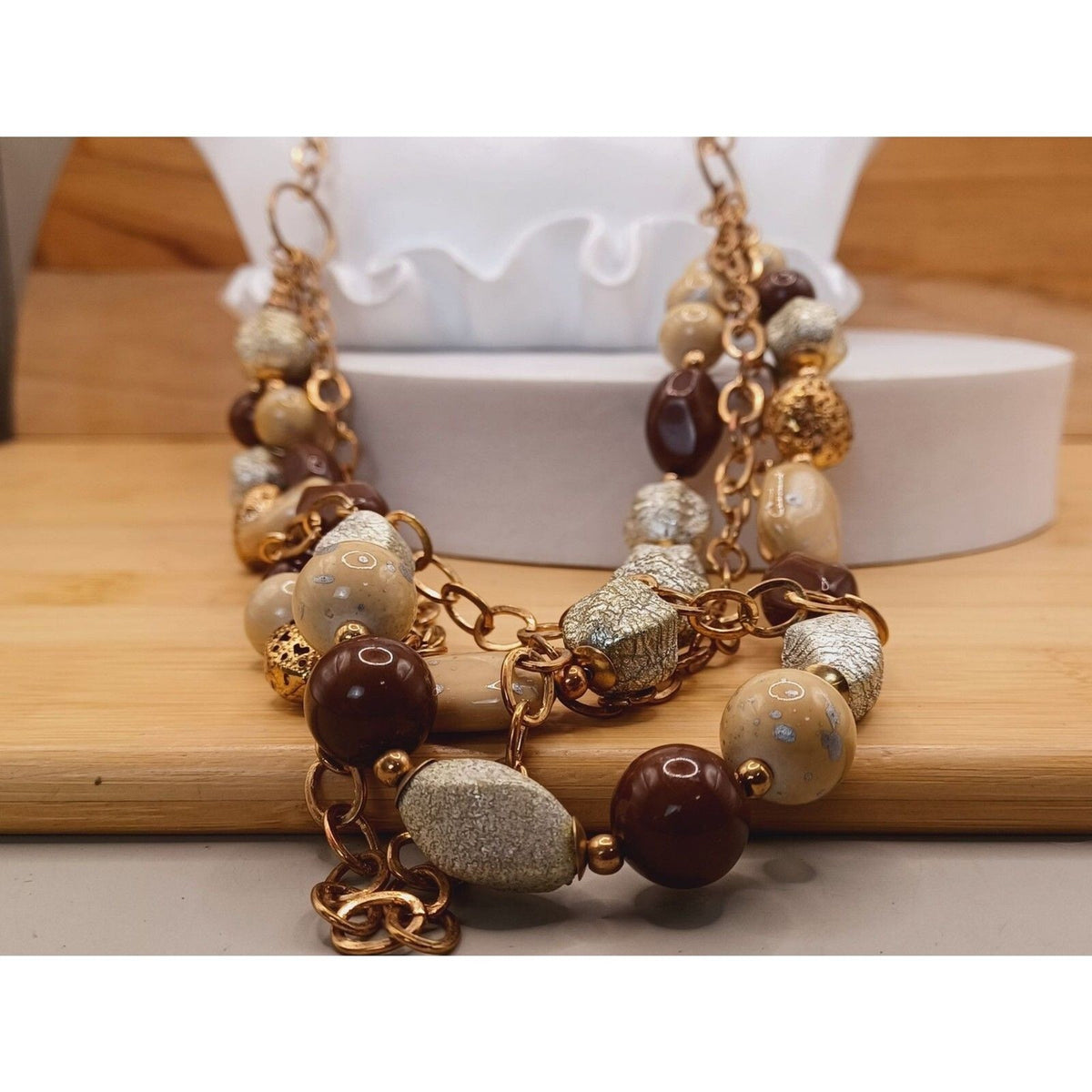 Vintage Multistrand Earthtones Beads on 40" Large Brass Link