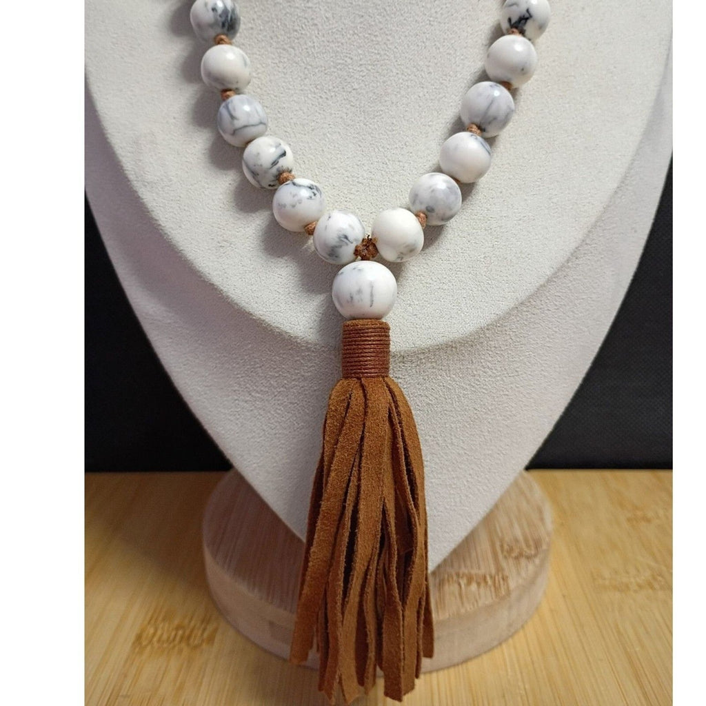 Vintage Black & White Howlite Stone Bead Tassel Necklace & Bracelet Set
