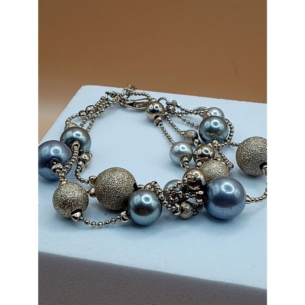 Vintage Triple Strand Silver and Gold Tone Beaded Bracelet