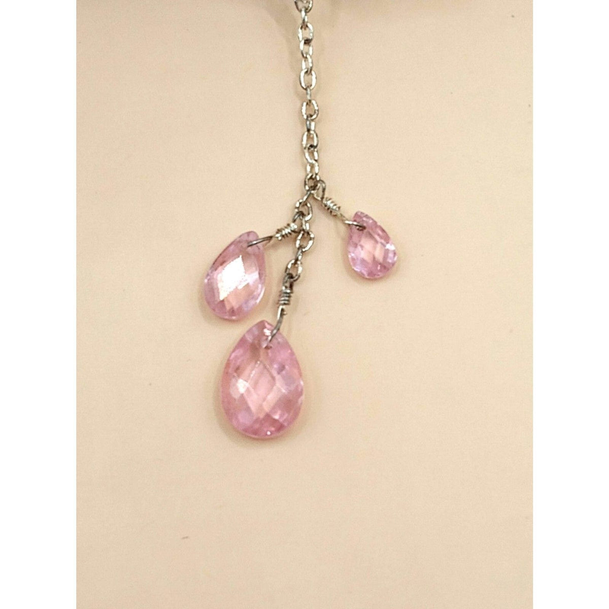 NRT marked Silver Tone Chain with 3 Pink Crystal Dangle Pendant Necklace