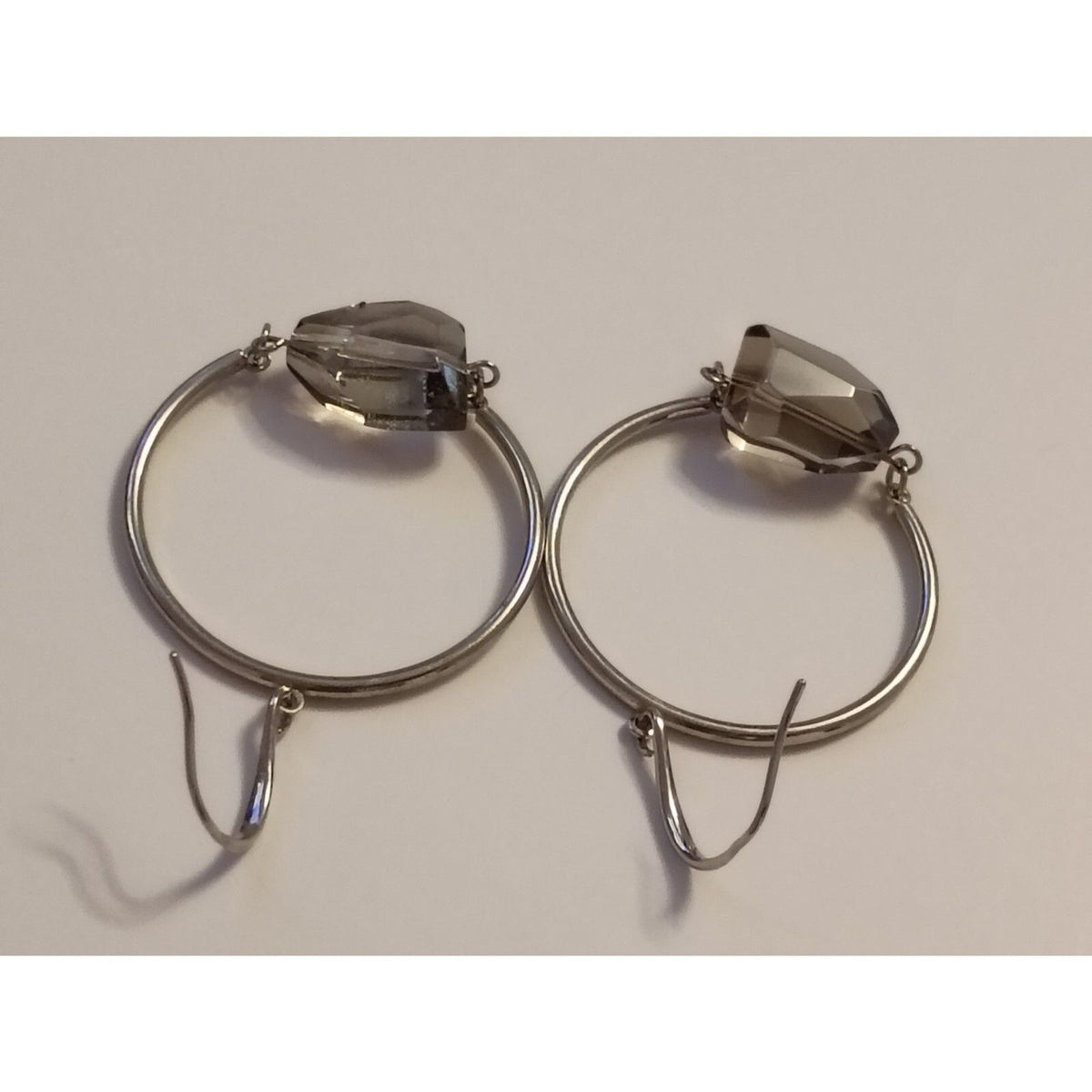 Vintage Classic Large Smoky Crystal Silver Toned Swing Hoop Earrings