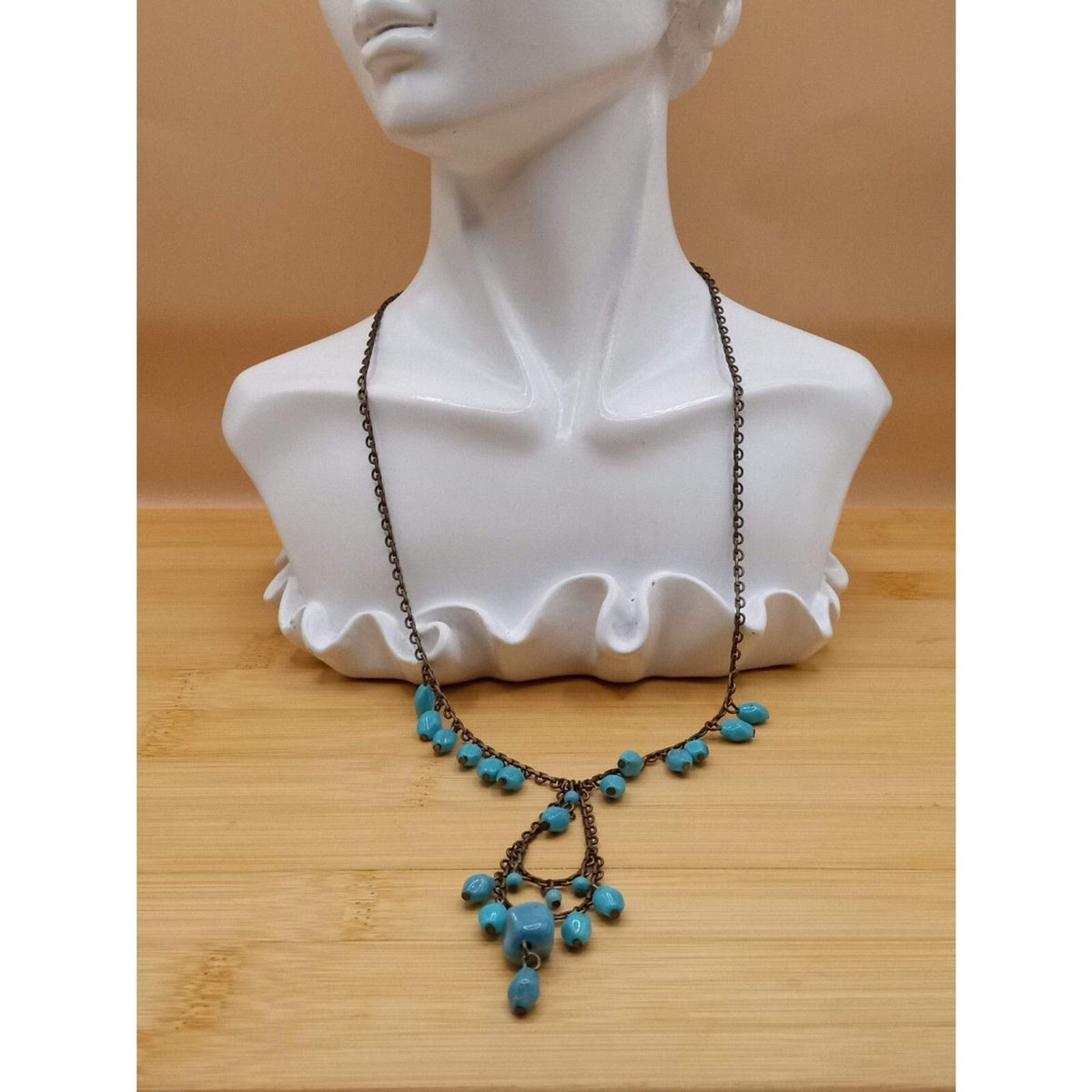 Vintage Acrylic Turquoise, Brass Colored Beaded Victorian Style Bib Necklace