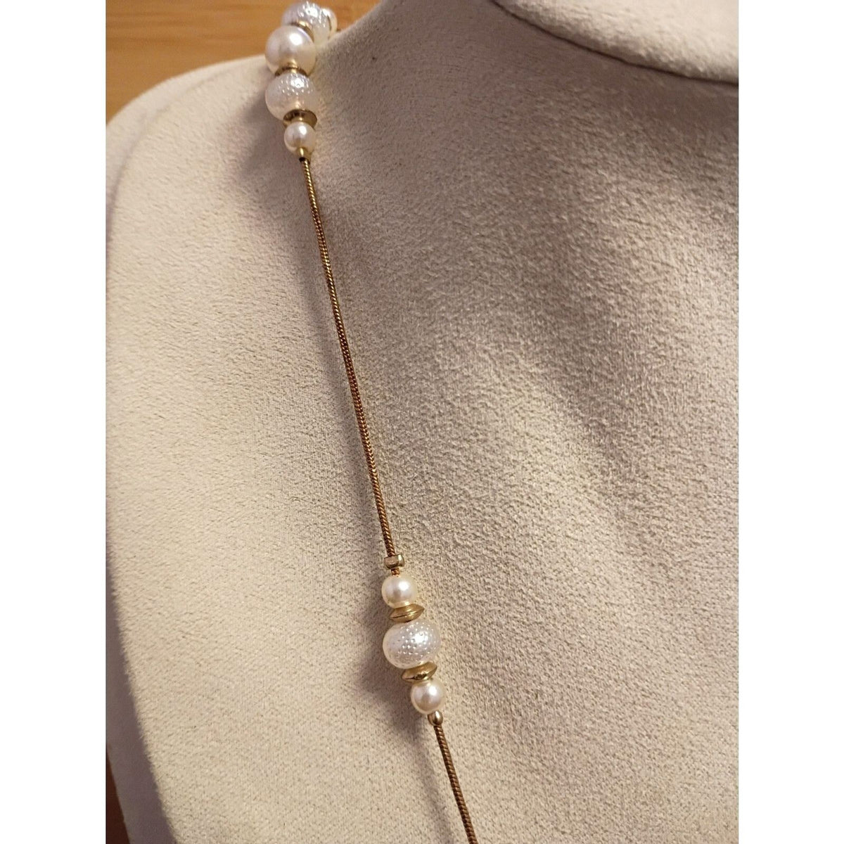 Vintage Gold Tone Station Tassel Necklace with Faux Pearls & White Beads