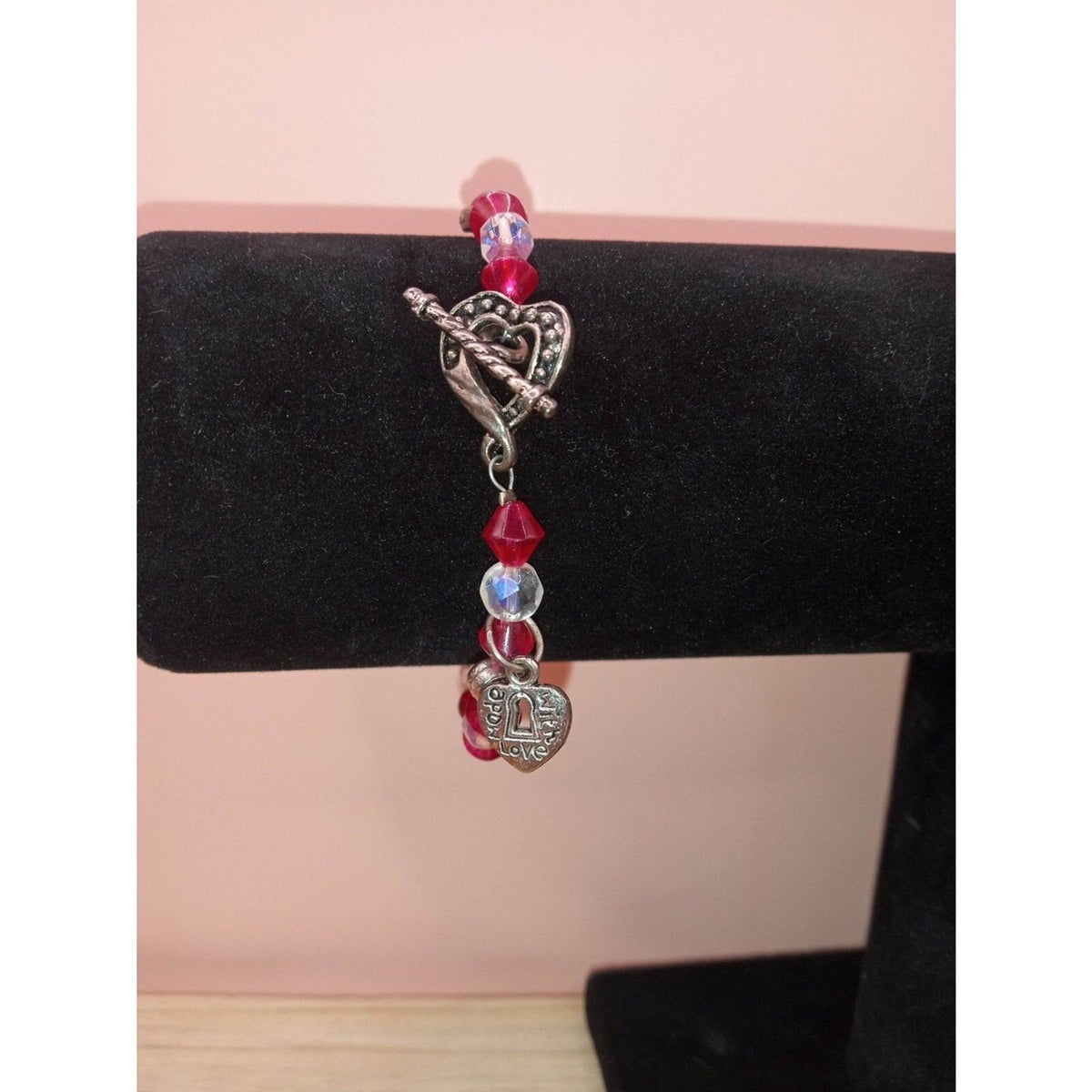 Antiqued Metal Heart & Red Bicone Crystal "Made with Love" Charm Bracelet