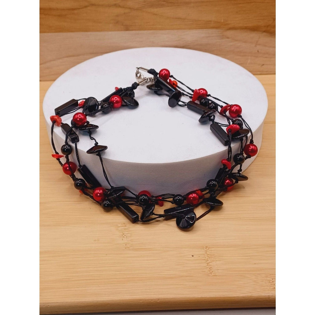 Vintage Red and Black Geometric Shaped Glass Bead 5 Strand Layered Necklace