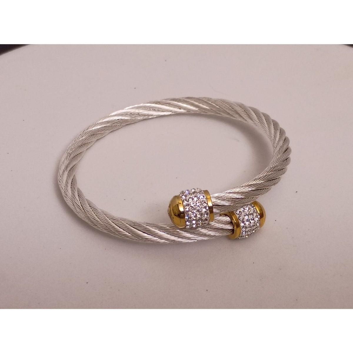 Marsala Signed Stainless Steel Cable Rope & Rhinestone Barrel Accent Cuff Bracelet