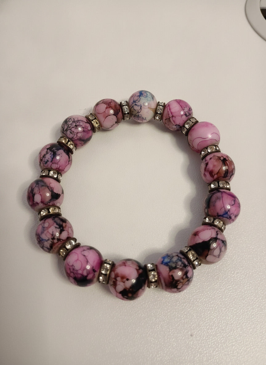 Vintage Beauty Pink, Black and Blue Swirled Beaded Stretch Bracelet