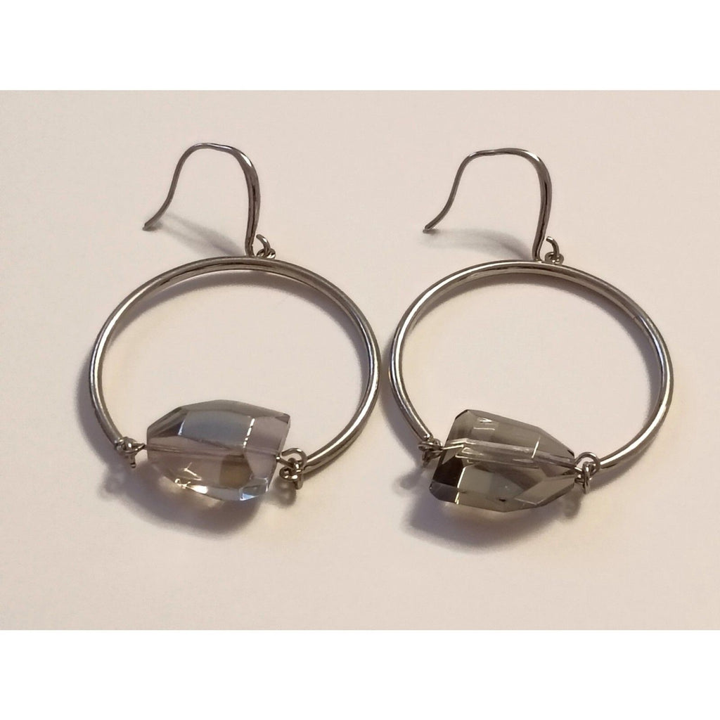 Vintage Classic Large Smoky Crystal Silver Toned Swing Hoop Earrings