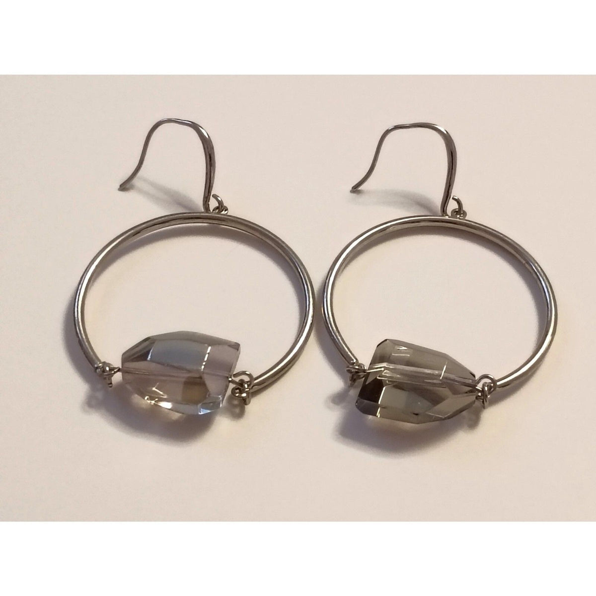 Vintage Classic Large Smoky Crystal Silver Toned Swing Hoop Earrings