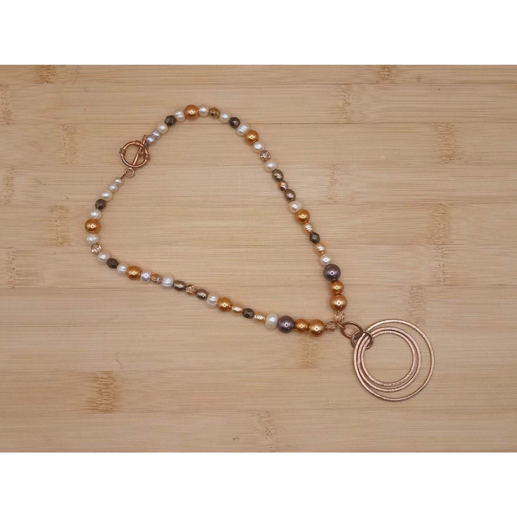 Chocolate & Copper Faux Pearl Beaded Necklace with Concentric Circle Pendant