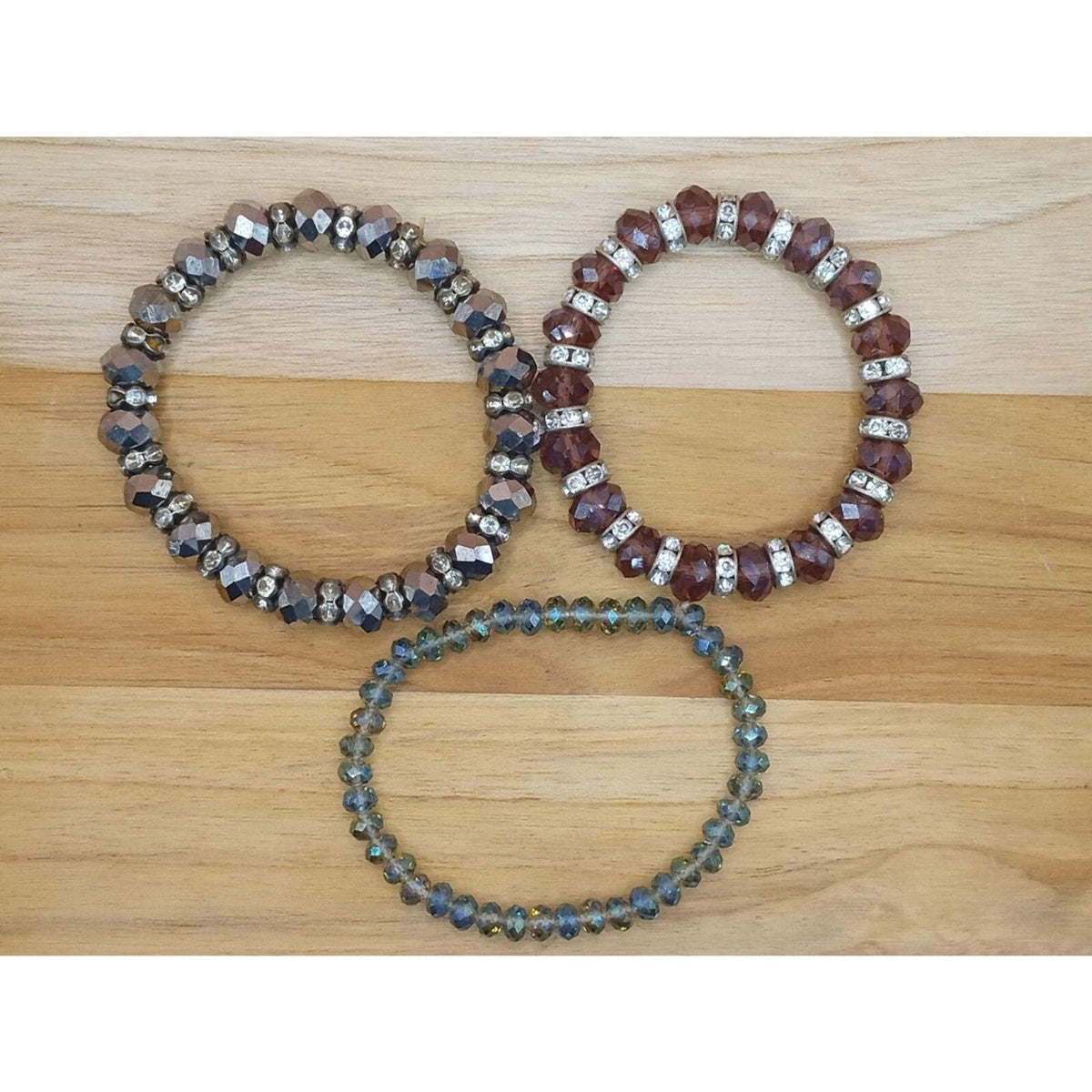 Vintage 3-Piece Stackable Crystal Beaded Bracelet Set - Red, Blue & Silver