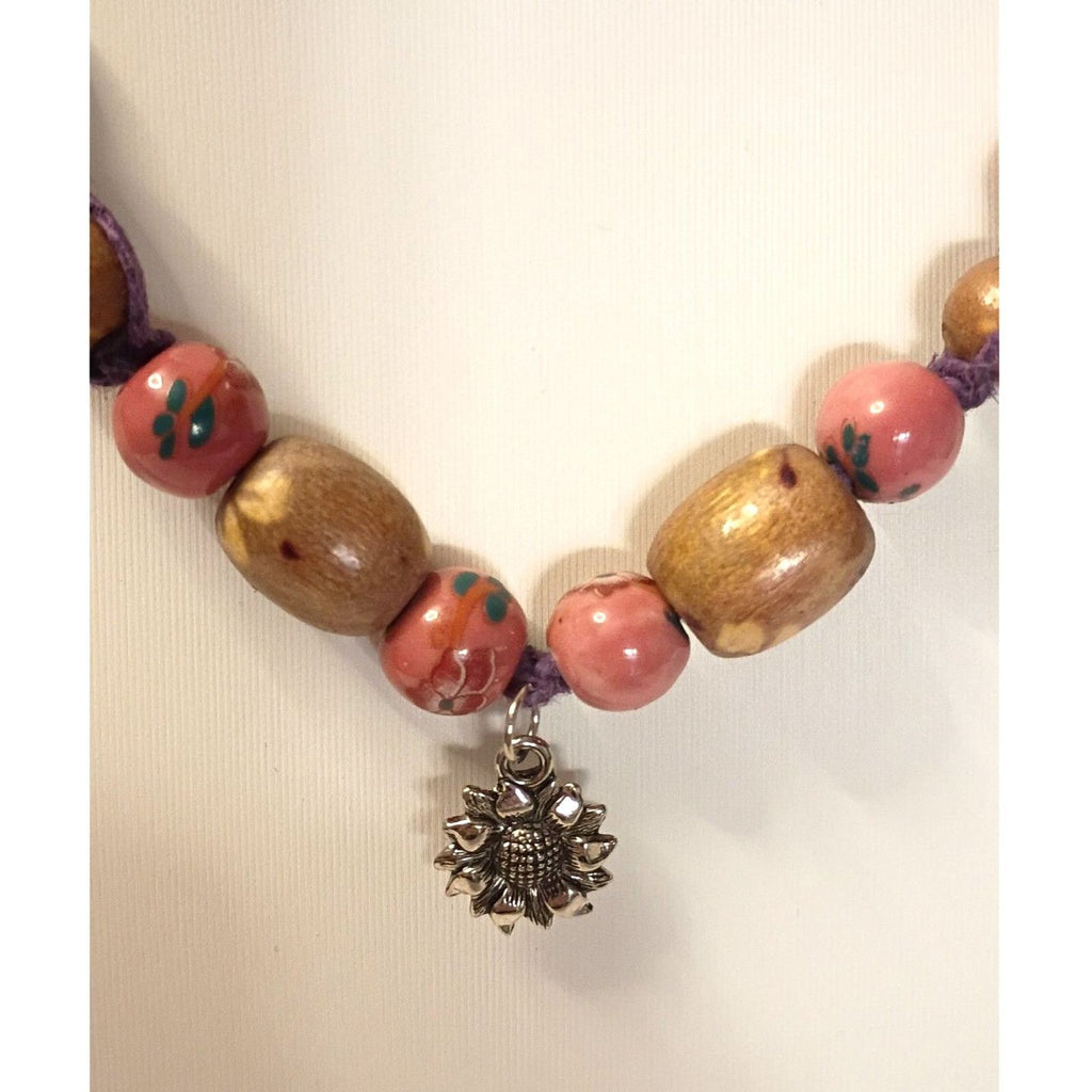 Necklace of Pink Floral beads Rustic Wooden bead Purple Cord