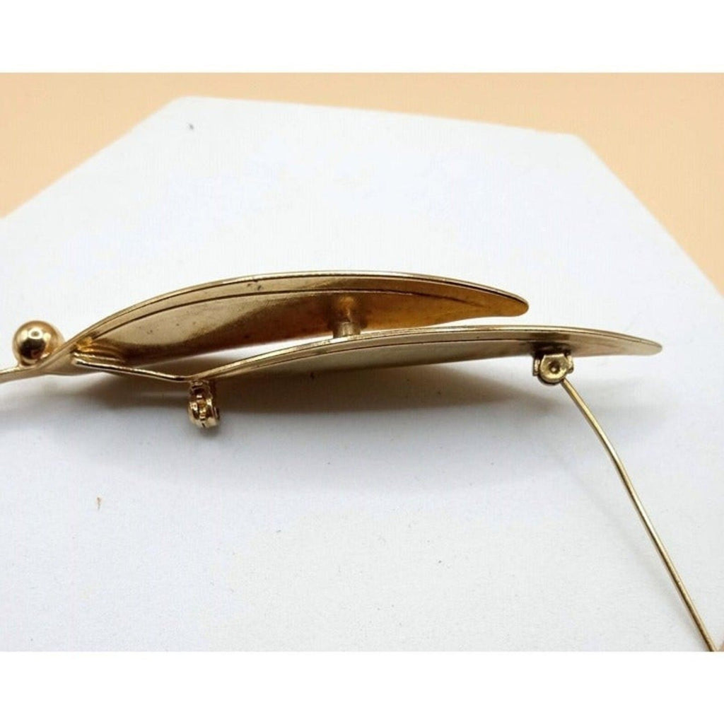 Vintage Long Gold Tone Double Leaf Art Deco Style Brooch Pin