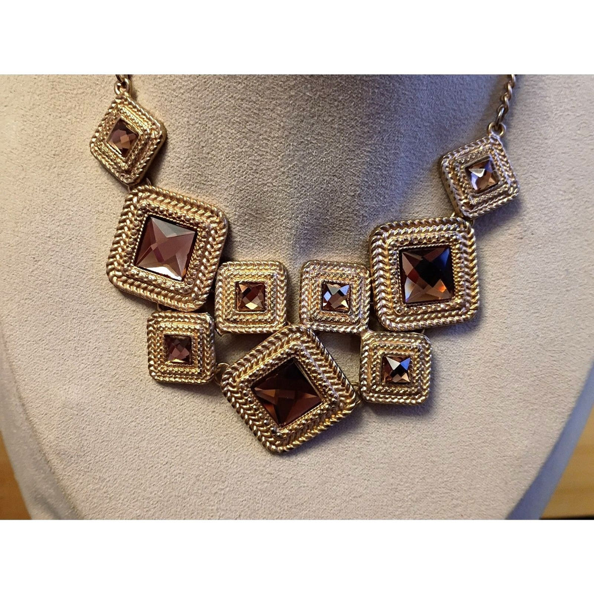 Vintage Gold-Tone Geometric Plaque Necklace with Amber Rhinestones