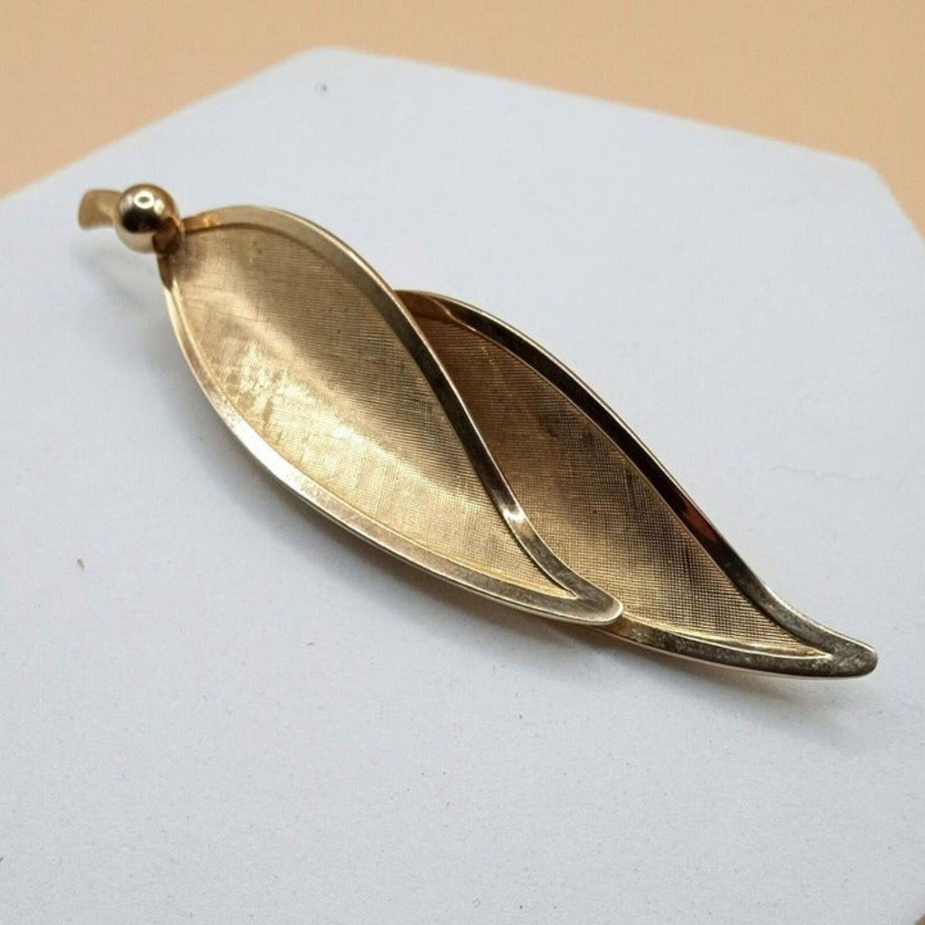 Vintage Long Gold Tone Double Leaf Art Deco Style Brooch Pin