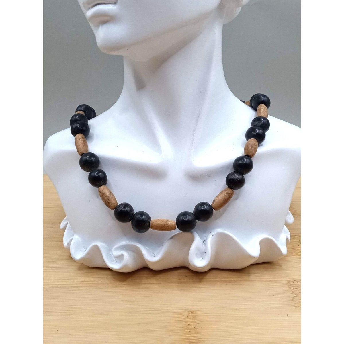 Vintage Organic Natural Sandalwood Round & Barrel Beaded Necklace