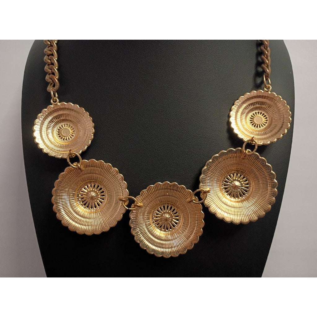 Vintage Orange Enamel Medallion Bib Necklace Gold Tone Boho