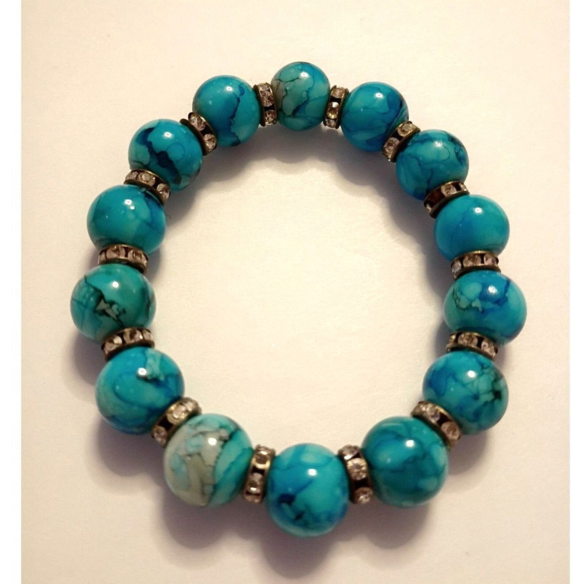 Turquoise Blue Glass Beaded Bracelet with Rhinestone Rondel Spacers Ocean Vibe