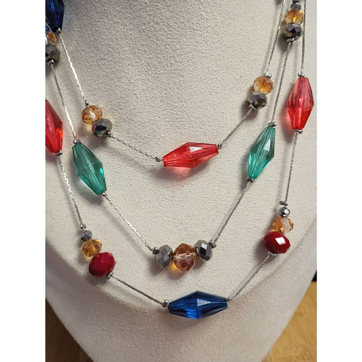 Vintage Holiday Colored Light Faceted Bead Triple Strand Chain Necklace
