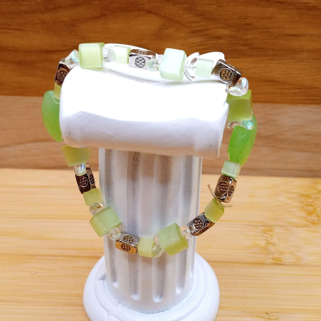 Vintage Seafoam Green Glass & Lucite Beaded Bracelet with Silver Spacers
