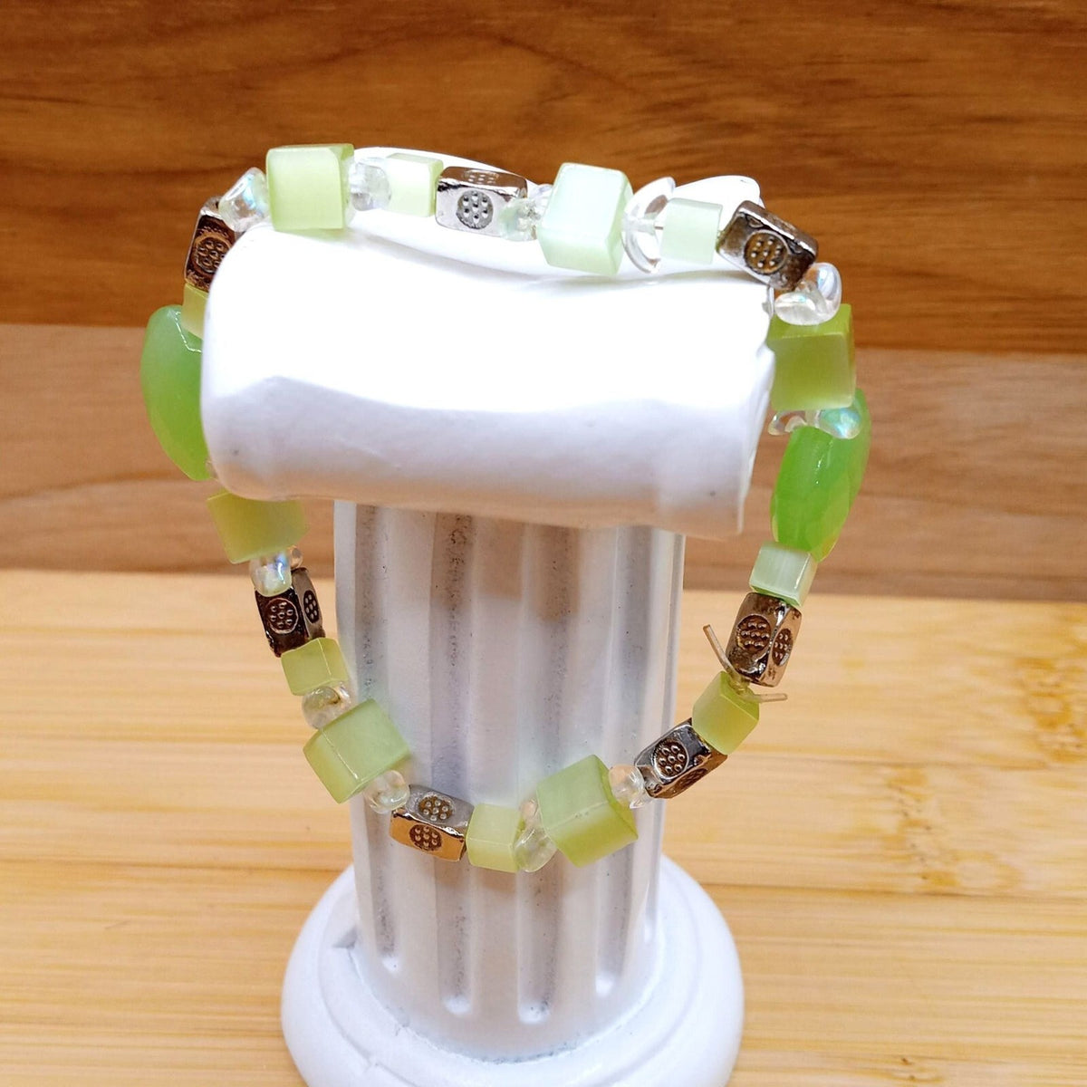 Vintage Seafoam Green Glass & Lucite Beaded Bracelet with Silver Spacers
