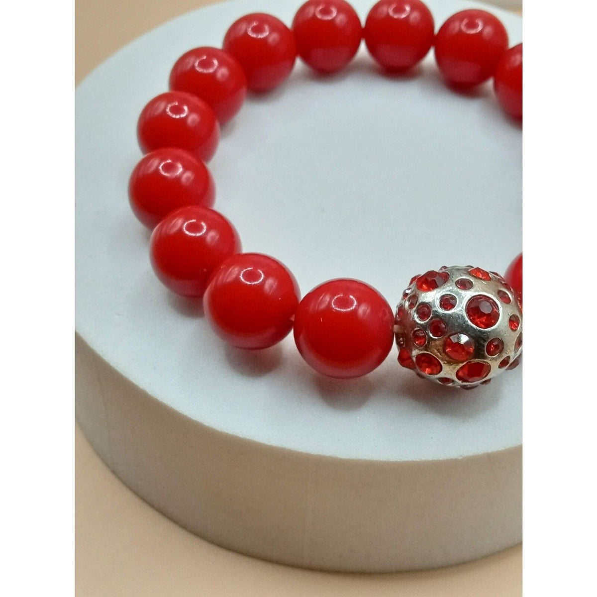 Vintage Red Beaded Bracelet with Rhinestone Silver-Tone Accent Bead