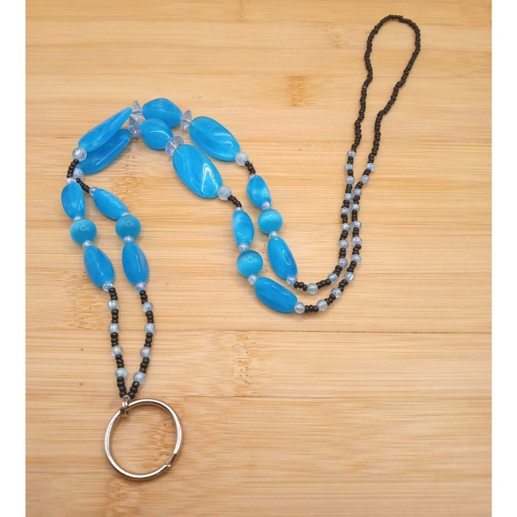 VTG Ice Blue Lucite Funky Beaded Lanyard Black Seed Beads