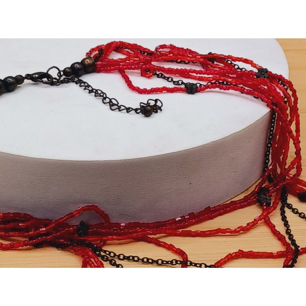 Multi Strand Layered Red Beads Bronze Color Flower Necklace