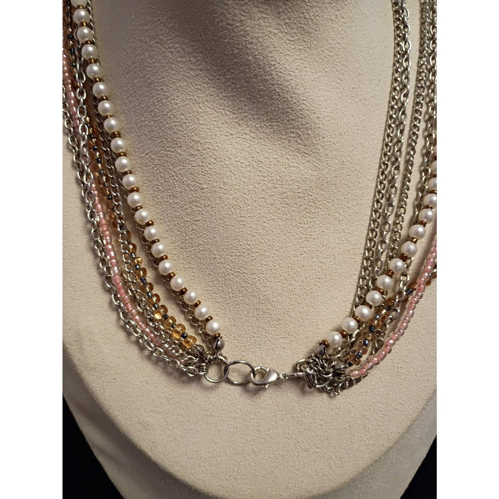 Vintage Mixed Media Multi Strand Necklace Embellished with Beads and Faux Pearls