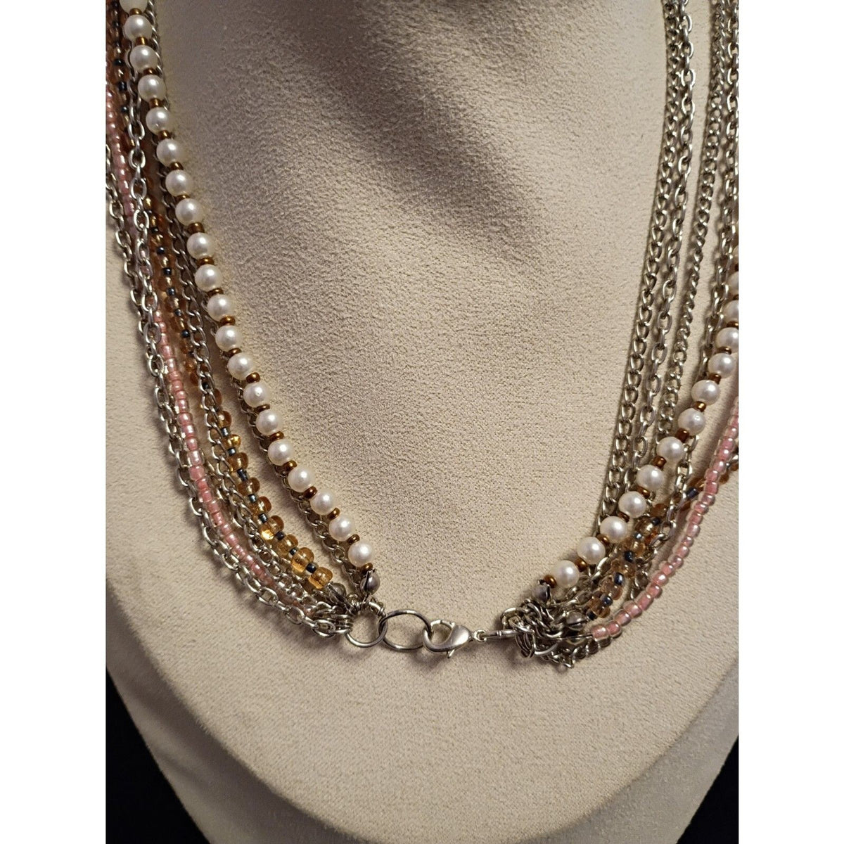 Vintage Mixed Media Multi Strand Necklace Embellished with Beads and Faux Pearls