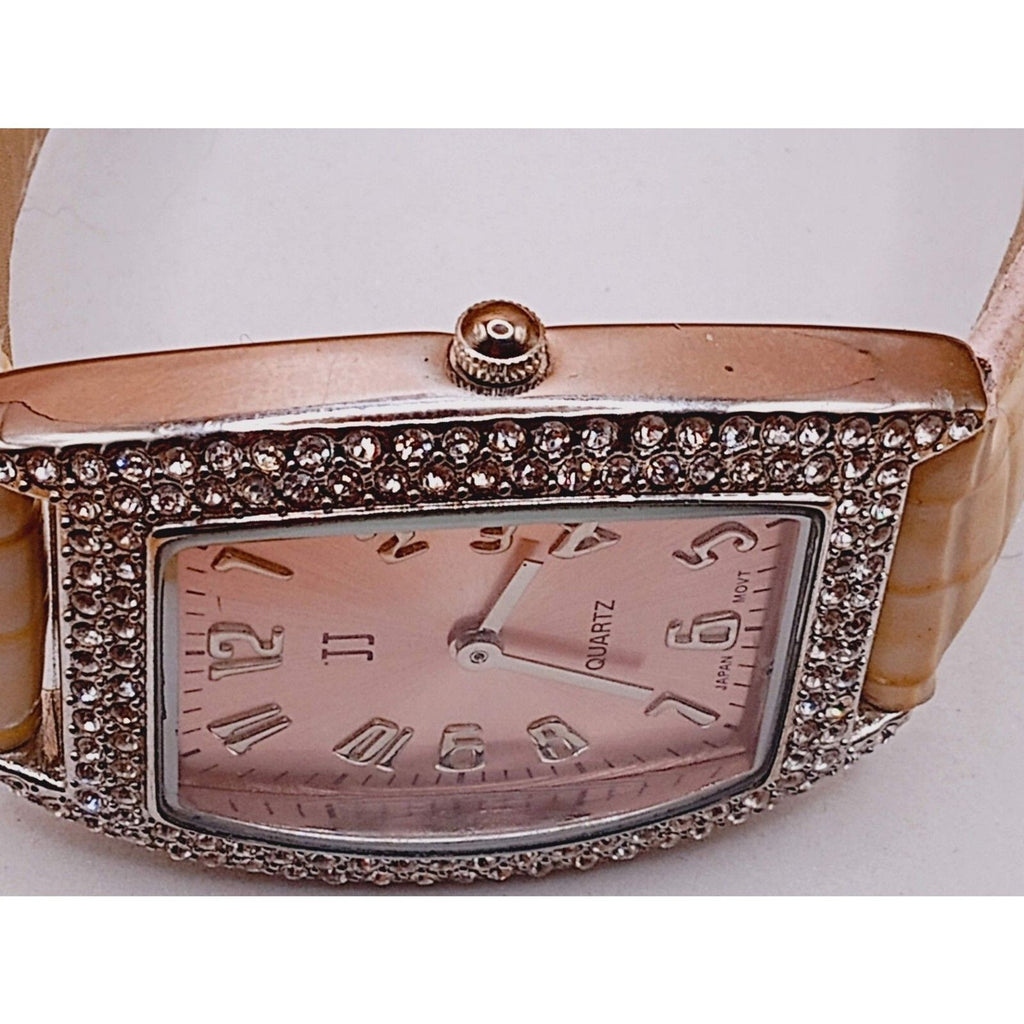 Women's JJ Square Rhinestone Quartz *Working* Watch w Pink Face and Cream Straps