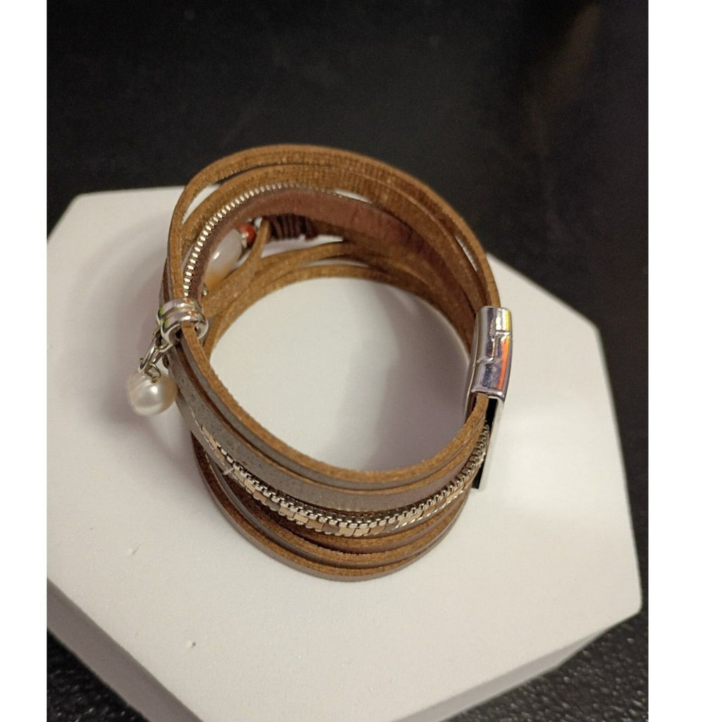 Vintage Leather Wrap Bracelet with Center Chalcedony Bead