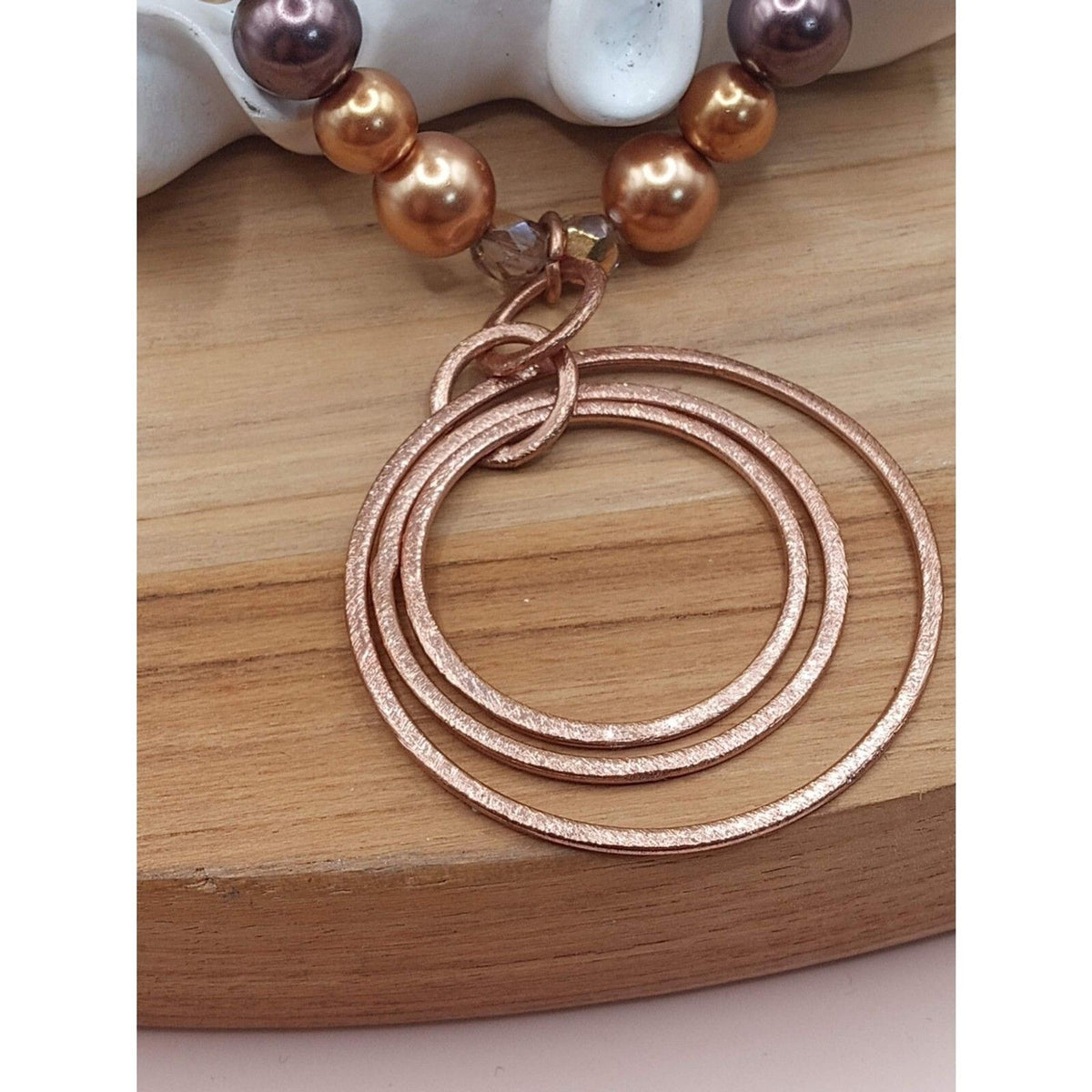 Chocolate & Copper Faux Pearl Beaded Necklace with Concentric Circle Pendant