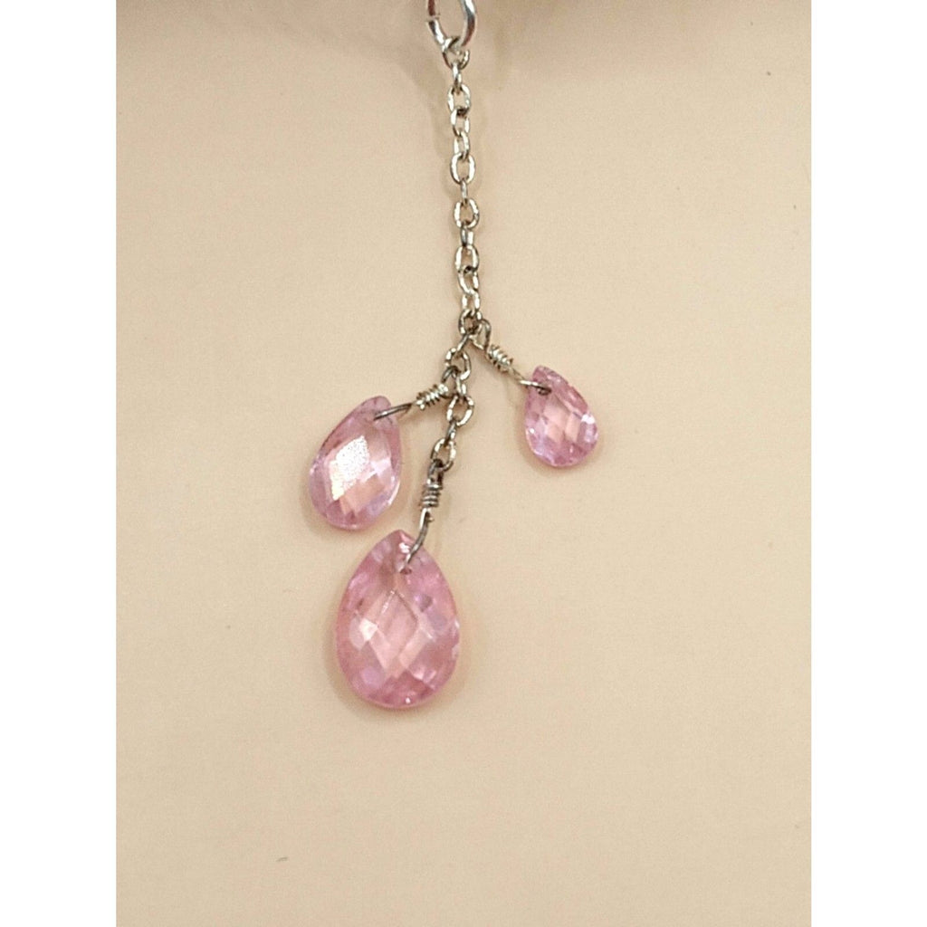 NRT marked Silver Tone Chain with 3 Pink Crystal Dangle Pendant Necklace