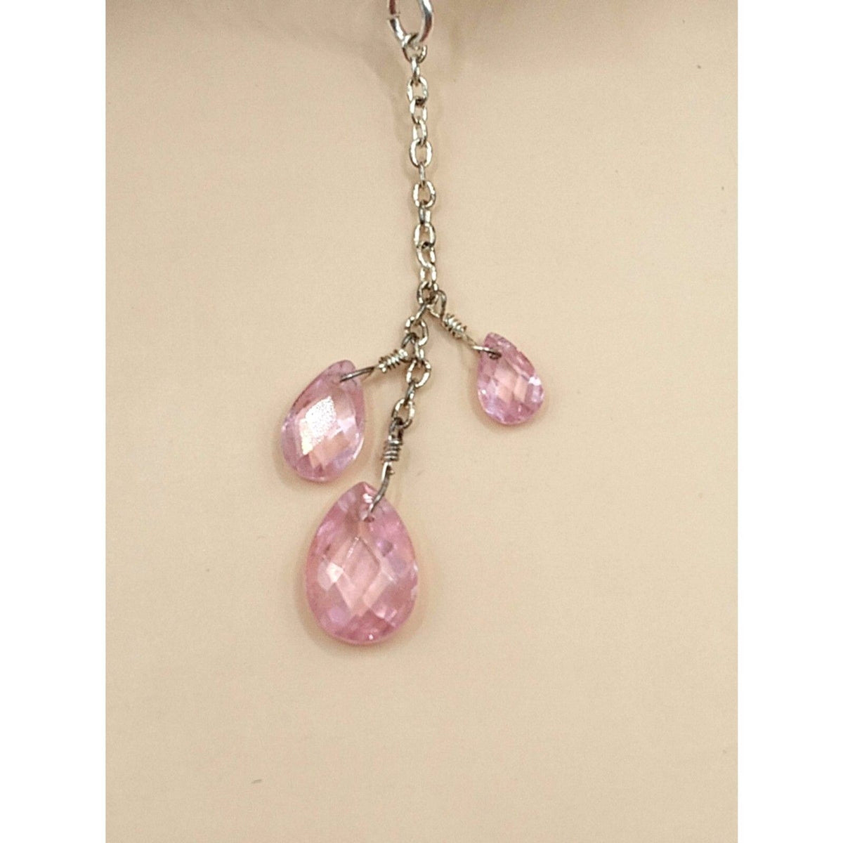 NRT marked Silver Tone Chain with 3 Pink Crystal Dangle Pendant Necklace