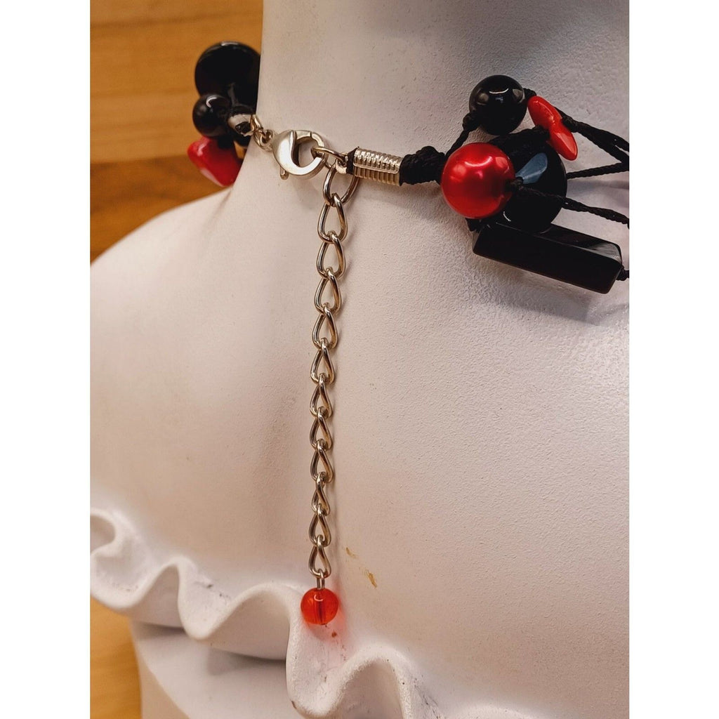 Vintage Red and Black Geometric Shaped Glass Bead 5 Strand Layered Necklace
