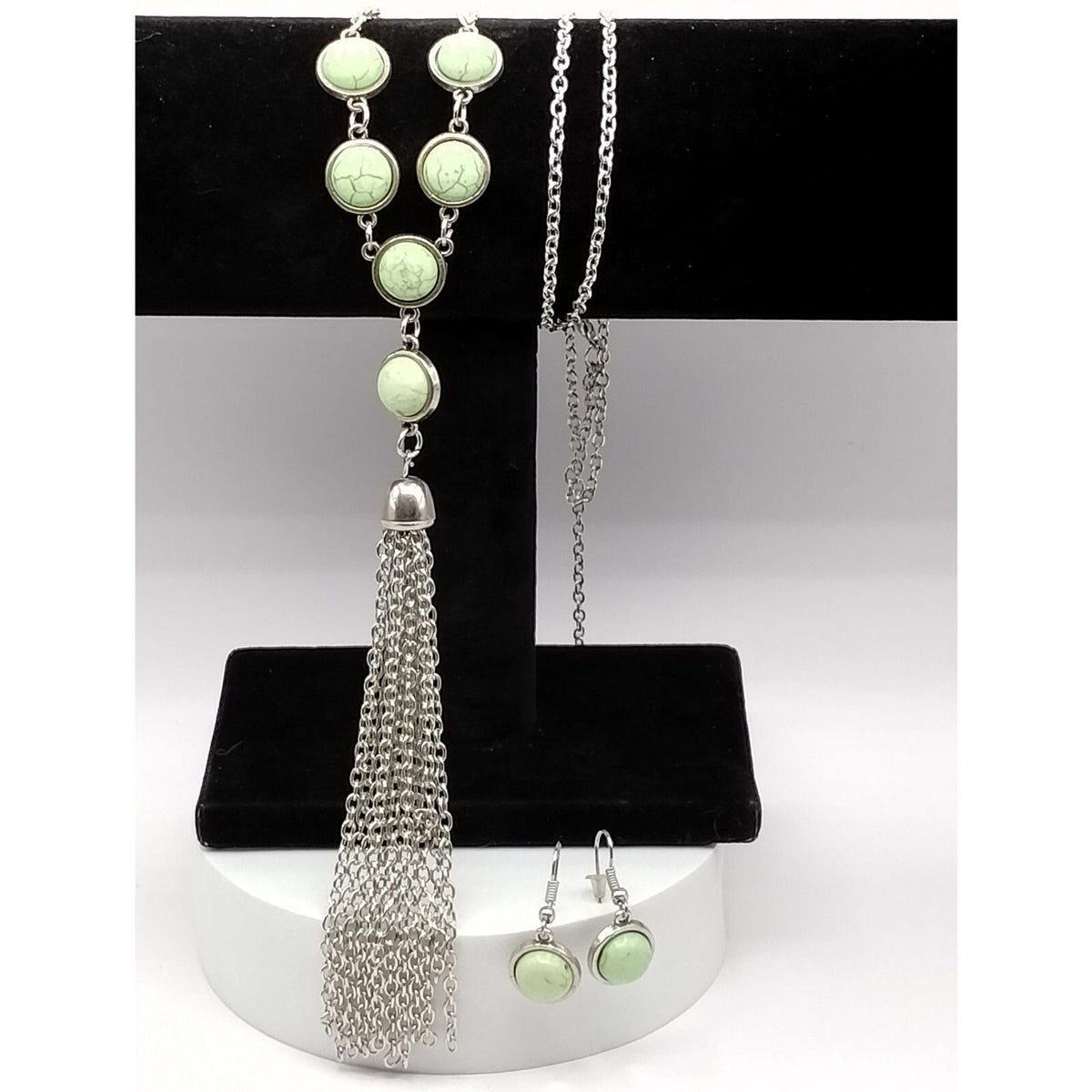 Necklace and Matching Earrings in a Mint Green Stone with Silver tone Tassel