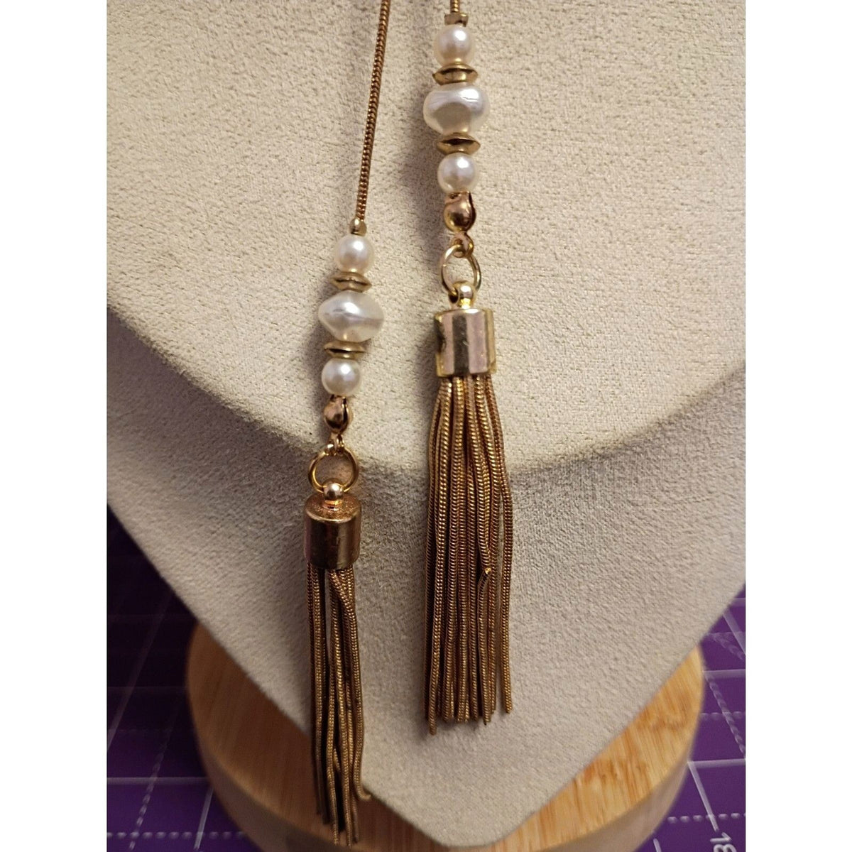 Vintage Gold Tone Station Tassel Necklace with Faux Pearls & White Beads