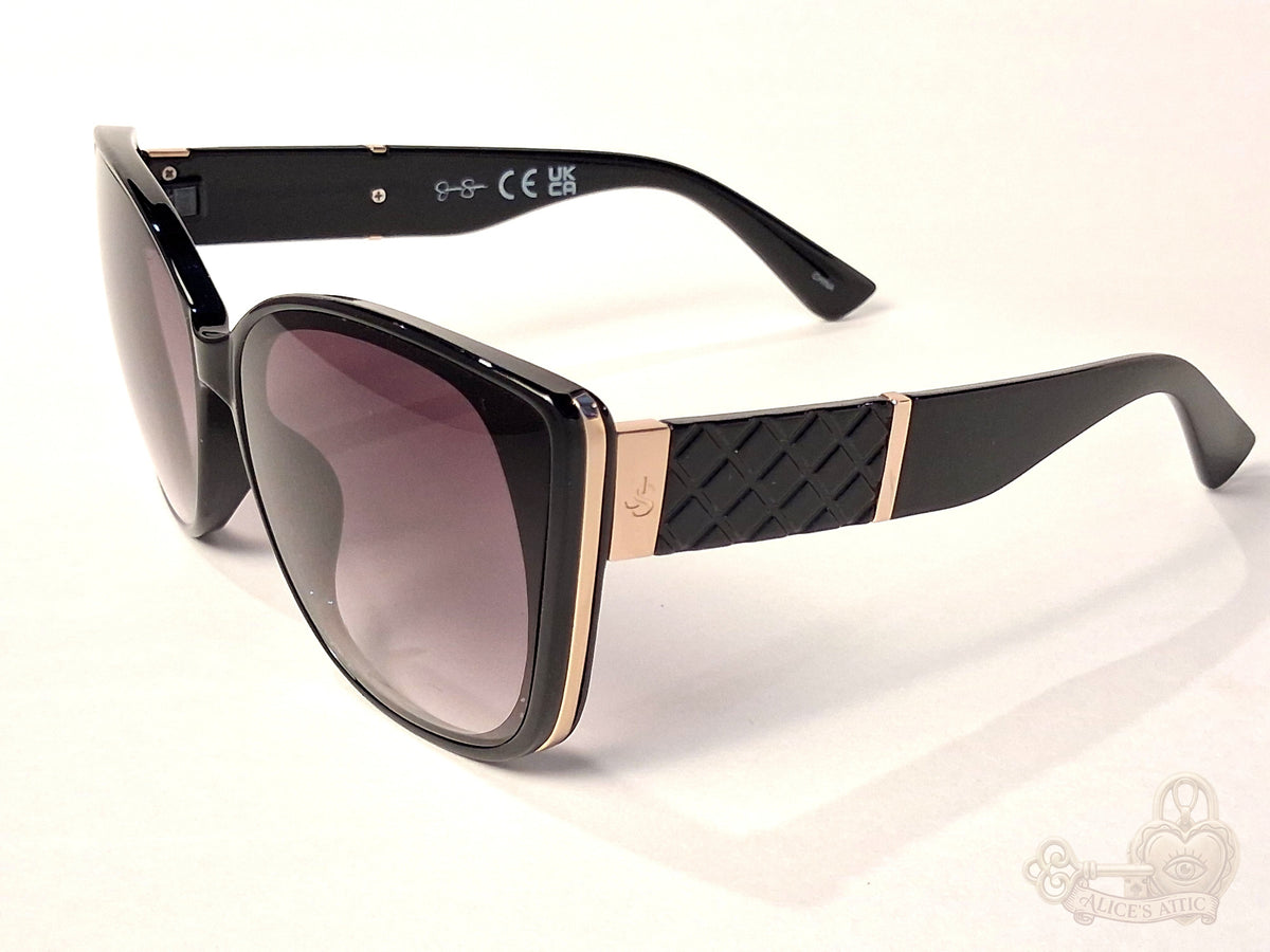 Jessica Simpson Black Cat Eye Sunglasses Quilted Gold Temples - Image 11