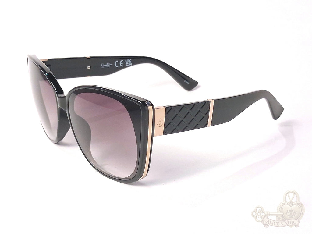 Jessica Simpson Black Cat Eye Sunglasses Quilted Gold Temples - Image 2