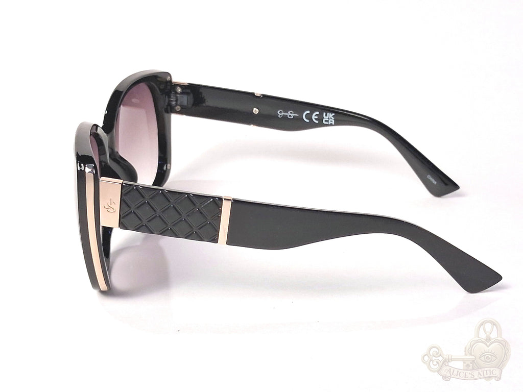 Jessica Simpson Black Cat Eye Sunglasses Quilted Gold Temples - Image 3
